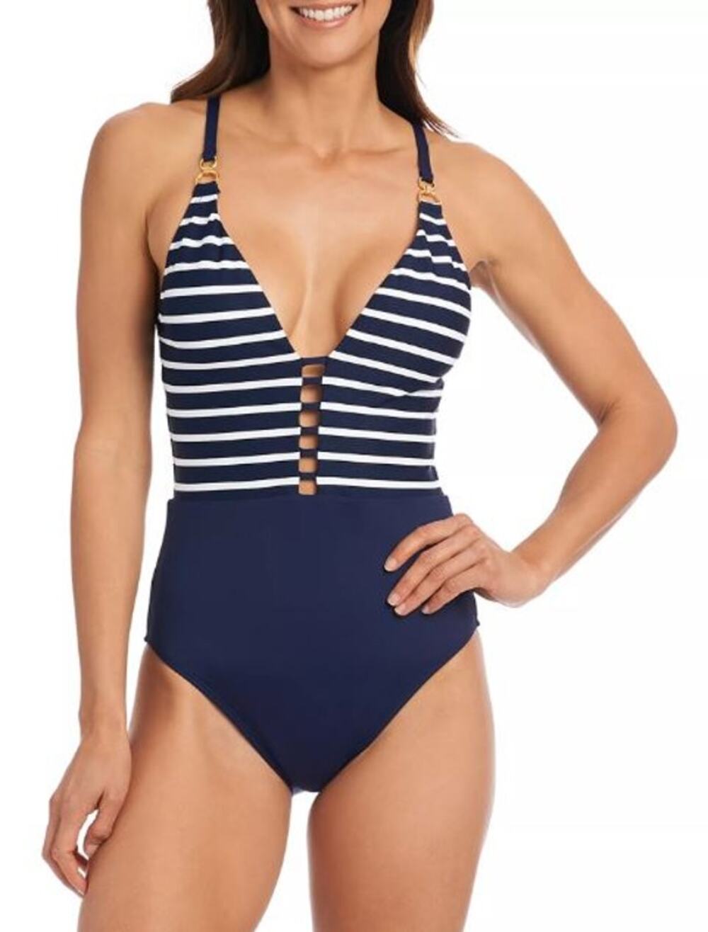 La Blanca Women's Capri Stripe Plunge One Piece Swimsuit Blue/White Size 10